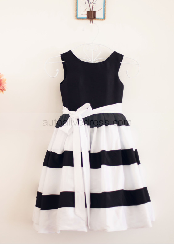 White Black Taffeta Stripes Knee Length Flower Girl Dress 